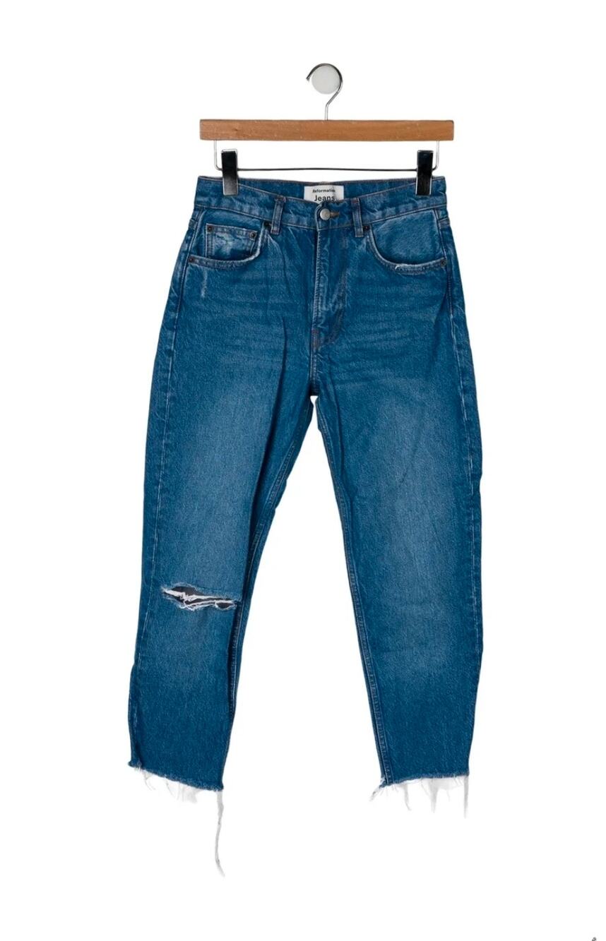 Reformation Julia High Rise Cigarette Jeans Medium Blue Distressed Raw Hem 26